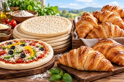 Pizza bases and croissants
